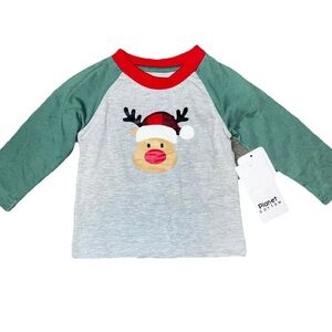 Planet Cotton Grey Red Green Reindeer Christmas Long Sleeve Shirt Infant 9mo NWT